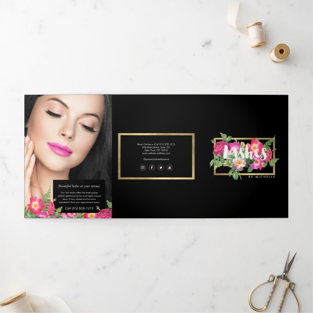 Cartão Com Dobra Tripla Cílios Postiços Beauty Florals Preto Brochura (Fora)