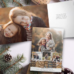 Cartão Com Dobra Tripla Colagem de Quatro Fotos da Vila Snowy Winter<br><div class="desc">Ilustração de feriado com uma fila de casas com telhados cobertos de neve,  três modelos de fotos quadradas e um modelo de fundo fotográfico orientado para retratos com campos de texto editáveis.</div>
