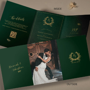 Cartão Com Dobra Tripla Detalhes de RSVP do Código QR de Foto com Monogram