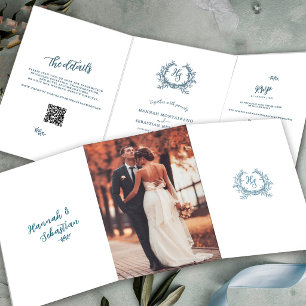 Cartão Com Dobra Tripla Detalhes do Casamento com QR Code de RSVP em Azul