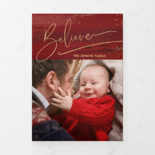 Cartão Com Dobra Tripla Dourada Crença Caligrafia, Foto Esmagadora - Red B