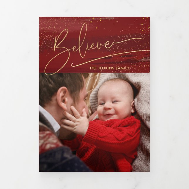 Cartão Com Dobra Tripla Dourada Crença Caligrafia, Foto Esmagadora - Red B (Cobrir)