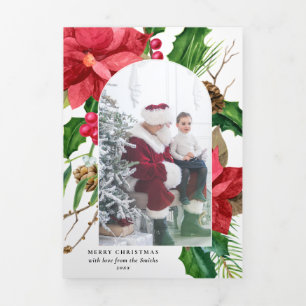 Cartão Com Dobra Tripla Elegante Poinsettia e Holly Archadas - Branco-Foto