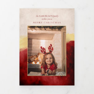 Cartão Com Dobra Tripla Elegante Vermelho Artisan com Foto Dourada do Traç