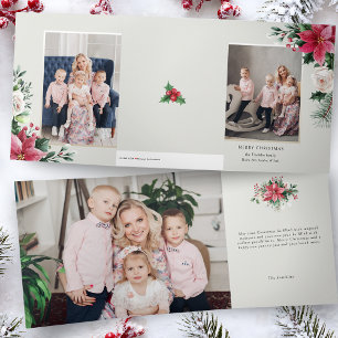 Cartão Com Dobra Tripla Elegantes Poinsettias, Rosas e Foto de Pinheiro em