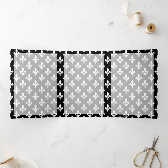 Cartão Com Dobra Tripla Fleur de Lis Pattern, Francês, Real, Branco (Dentro)