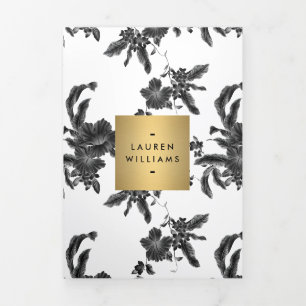 Cartão Com Dobra Tripla Folheto de Padrão Floral Preto Vintage