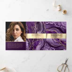 Cartão Com Dobra Tripla Folheto Roxo Elegante e Agato Dourado Triplicado