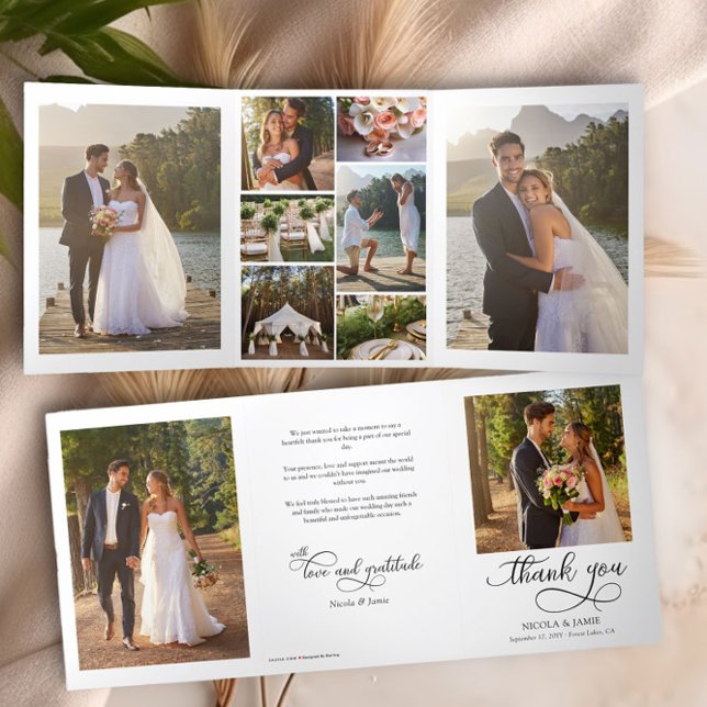 Cartão Com Dobra Tripla Foto De Casamento Obrigado 10 Foto Elegante Caligr (Wedding photo thank you tri-fold card with elegant calligraphy by Darling & May)