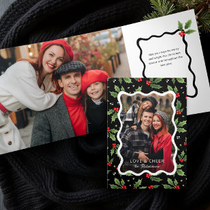 Cartão Com Dobra Tripla Foto de Quadro de Onda Holly de Natal preto a negr