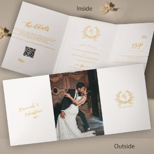 Cartão Com Dobra Tripla Foto do Monograma Dourado de marfim QR RSVP De