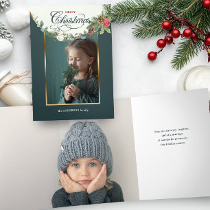 Cartão Com Dobra Tripla Foto Floral do Feliz Natal da Caligrafia