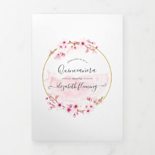 Cartão Com Dobra Tripla Fotos de Quinceañera com Flor de Cerejeira Rosa Ge