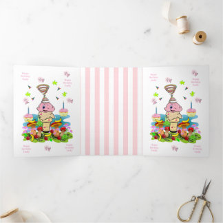 Cartão Com Dobra Tripla Happy Birthday FUN Pink Cakecupake Tri-Fold Card