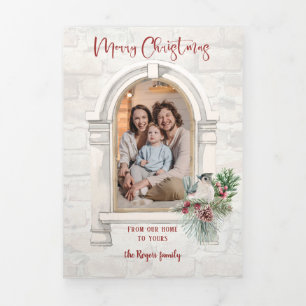 Cartão Com Dobra Tripla Janela Rustic Watercolor com Foto Floral de Natal
