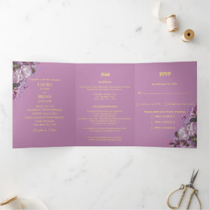 Cartão Com Dobra Tripla Lavandas, Rosas e Lilases, Casamento