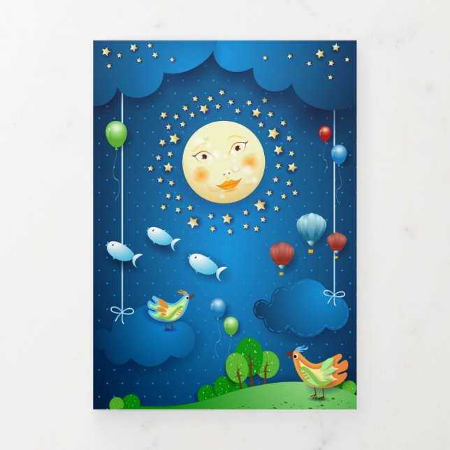 Cartão Com Dobra Tripla Luar e peixes voadores (Cobrir)