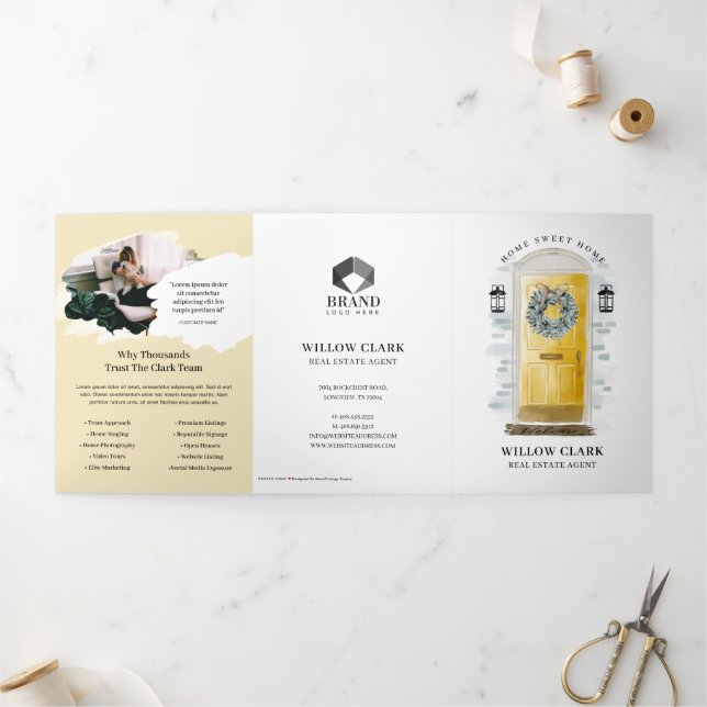 Cartão Com Dobra Tripla Marketing Imobiliário de Porta de Água Amarela (Fora)