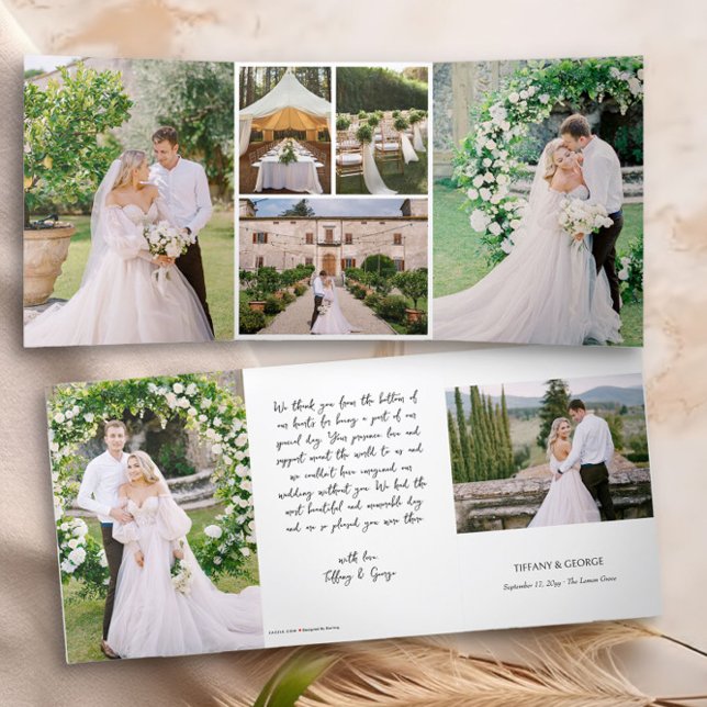 Cartão Com Dobra Tripla Obrigado com Fotos de Casamento (Wedding photo thank you tri-fold card with handwritten typography by Darling & May)