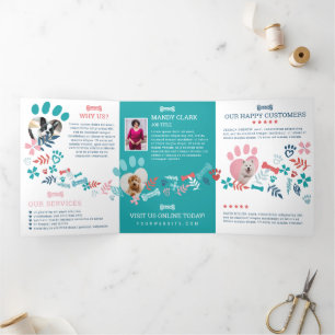 Cartão Com Dobra Tripla Padrão de Impressão de Pata de Pet Floral e Foliag