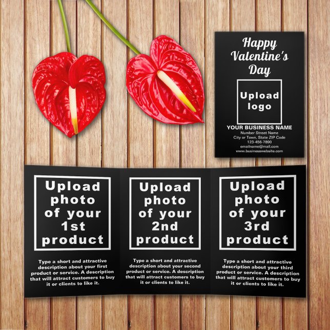 Cartão Com Dobra Tripla Placa de três vezes preta do Namorados comercial (Black Valentine trifold card with your business brand and products or services on table.)
