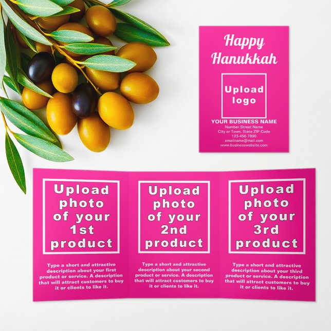 Cartão Com Dobra Tripla Placa de três vezes rosa para Hanukkah comercial (Hanukkah greeting, business brand and products on pink trifold card)
