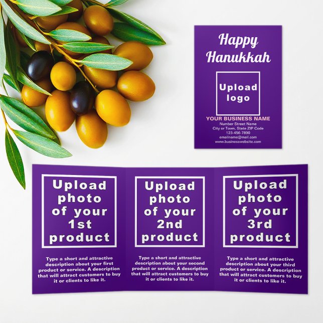 Cartão Com Dobra Tripla Placa de três vezes rosa para Hanukkah comercial (Hanukkah greeting, business brand and products on purple trifold card)
