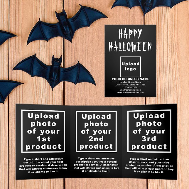 Cartão Com Dobra Tripla Placa de triplo preto do Halloween (Business brand and products on black Halloween trifold card)
