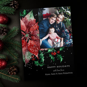 Cartão Com Dobra Tripla Poinsettia Colorida e Holly com Foto Sparkles