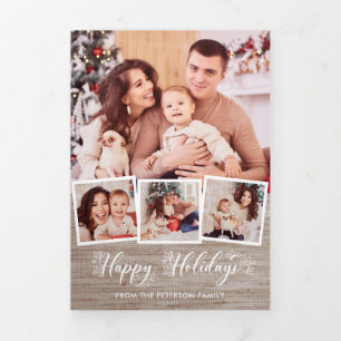Cartão Com Dobra Tripla Rustic Linen & Happy Holidays Script Multifofotogr