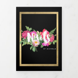 Cartão Com Dobra Tripla Salão de Unhas Beauty Florals Brochura Preta