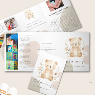 Cartão Com Dobra Tripla Serviço de Babá com Aquarela Boho Bear