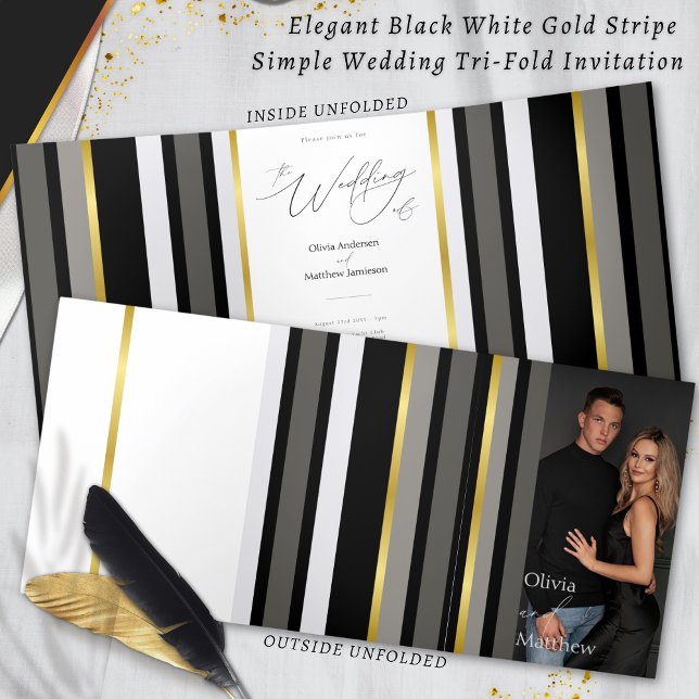 Cartão Com Dobra Tripla Tipografia Elegante Casamento Dourado de Stripe Br (Criador carregado)