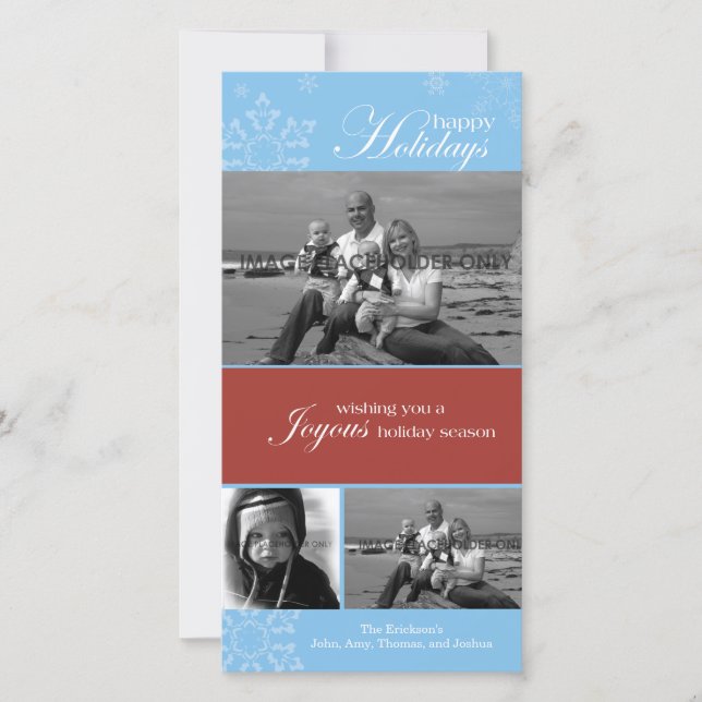 Cartão com fotos Azul Feliz Feriados de Neve (Frente)