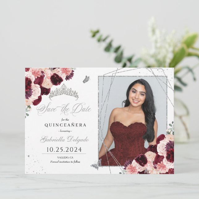 Cartão com fotos Cinza Rosa Quinceañera Salve A Da (Em pé/Frente)