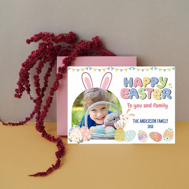 Cartão com fotos Colorido de Ovos de Páscoa Coelho (Colorful Bunny Easter Egg Photo Card)