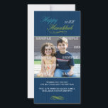 Cartão com fotos da listra do Pin de Hanukkah<br><div class="desc">As riscas subtis contra azuis cobaltos fazem um fundo impressionante para estes cartões de fotos de Chanukah. A mensagem em um azul brilhante e o verde limão acentuado por ornamento caligráficos originais são certos fazer este cartão estar para fora. Personalize com suas próprias foto e mensagem. Disponível em cores alternativas...</div>