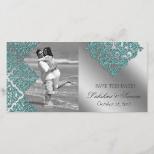 Cartão com fotos Damask Save the Date Sparkle Teal