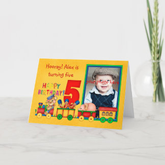 cartão com fotos de 5 de aniversário com trem de b