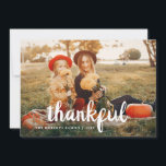 cartão com fotos de Ação de Graças de White Script<br><div class="desc">feliz design de cartão com fotos de Ação de Graças com roteiro branco. Você pode carregar sua própria imagem.</div>