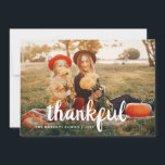 cartão com fotos de Ação de Graças de White Script<br><div class="desc">feliz design de cartão com fotos de Ação de Graças com roteiro branco. Você pode carregar sua própria imagem.</div>