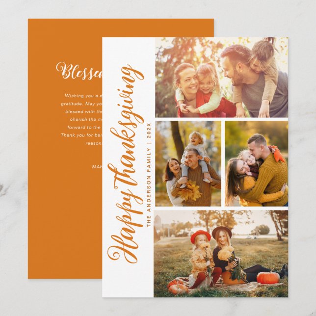 Cartão com fotos de Ação de Graças feliz com scrip (Frente/Verso)