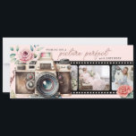 Cartão com fotos de aniversário negativo do filme<br><div class="desc">Este Cartão de Aniversário apresenta uma tira negativa de filme que você pode adicionar 2 fotos. Há uma câmera vintage na frente com a frase "desejando uma foto de aniversário perfeito" e um lugar para adicionar um nome no verso.</div>