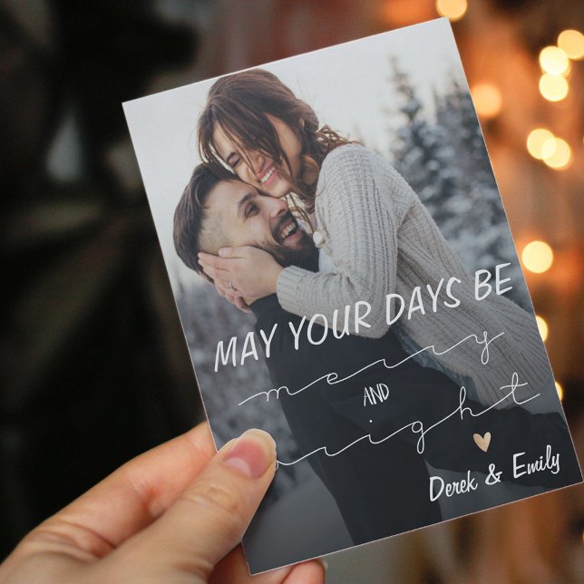 Cartão com fotos De Feriado De Script Bonito Brilh (Merry And Bright Pretty Script Holiday Photo Card)