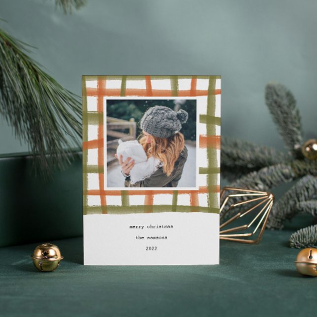 Cartão com fotos de Feriado de Xadrez de sala de a (Watercolor painted classroom plaid photo Christmas card.)