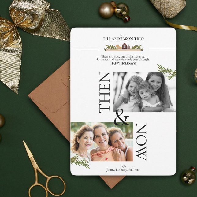 Cartão com fotos de Férias e Agora (Friends and family will be smiling ear to ear with this 'Then and Now' holiday Christmas card)