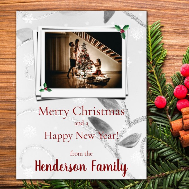 Cartão com fotos de Férias Flat da Prata (Silver Leaves Flat Holiday Photo Card)