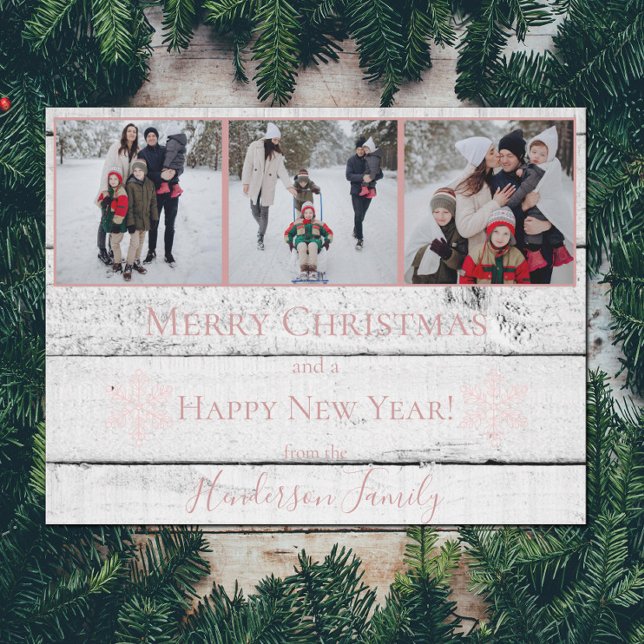 Cartão com fotos de Férias Flat, Flocos de Neve Ru (Pink Rustic Snowflakes Holiday Photo Card)