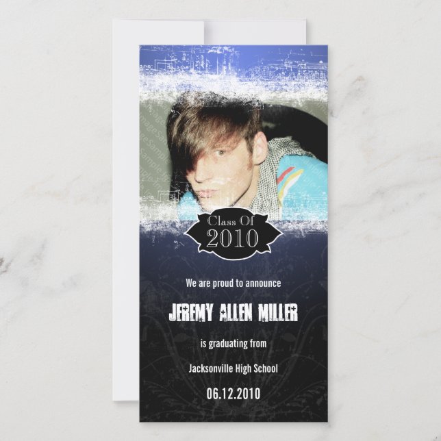Cartão com fotos de Graduação Azul Preto Grunge Ex (Frente)