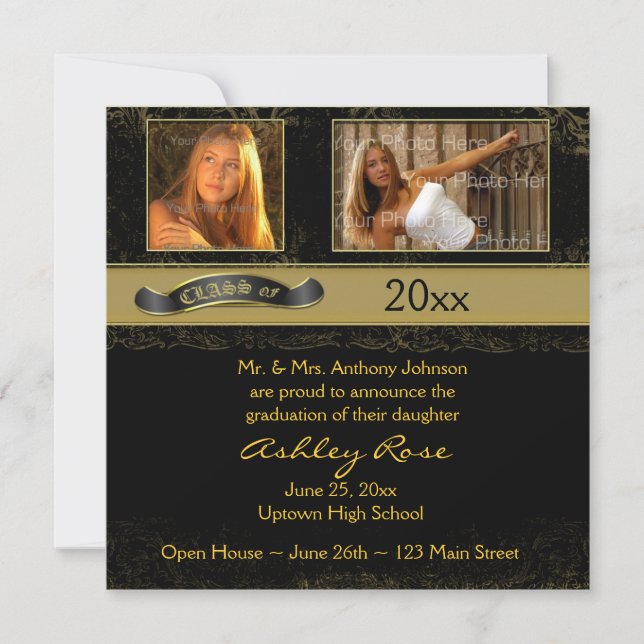 Cartão com fotos de Graduação Dourada Preto (Frente)